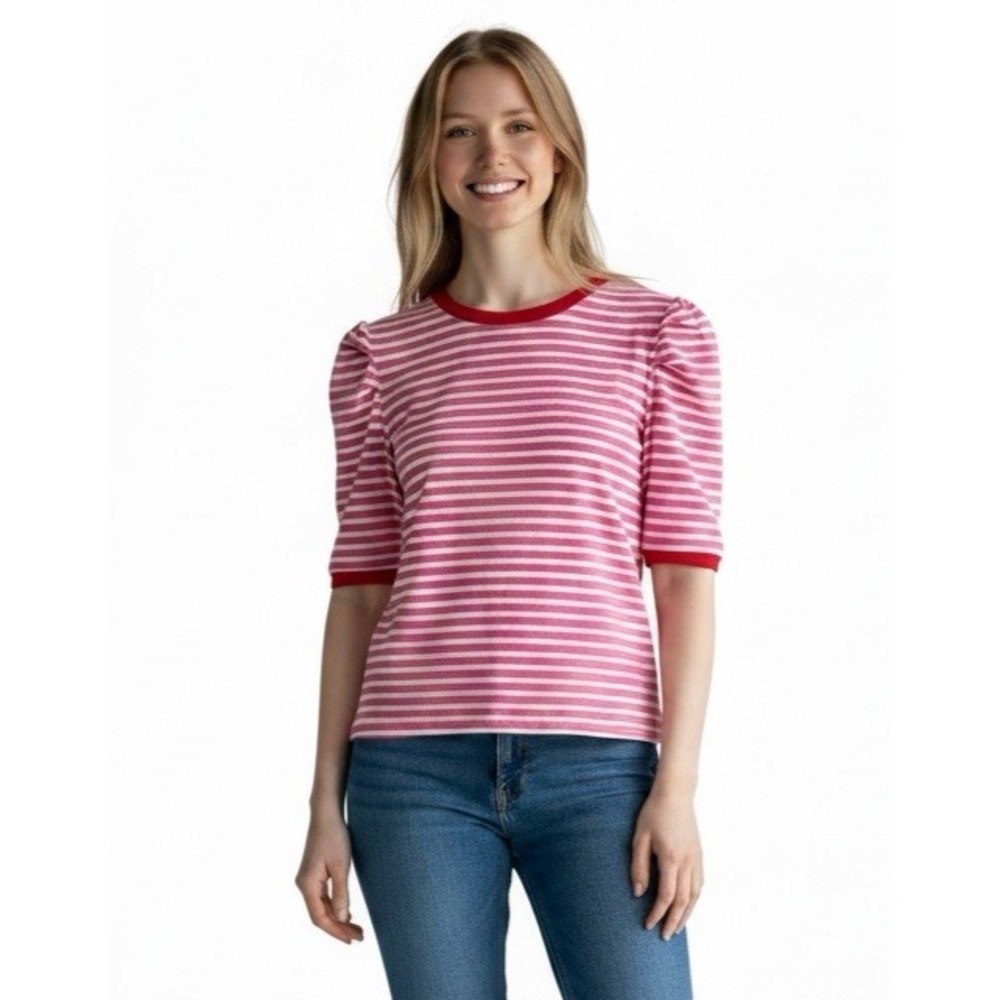 Rebecca Minkoff Women's XL Puff SS Ribknit Top Pink Red Striped NEW